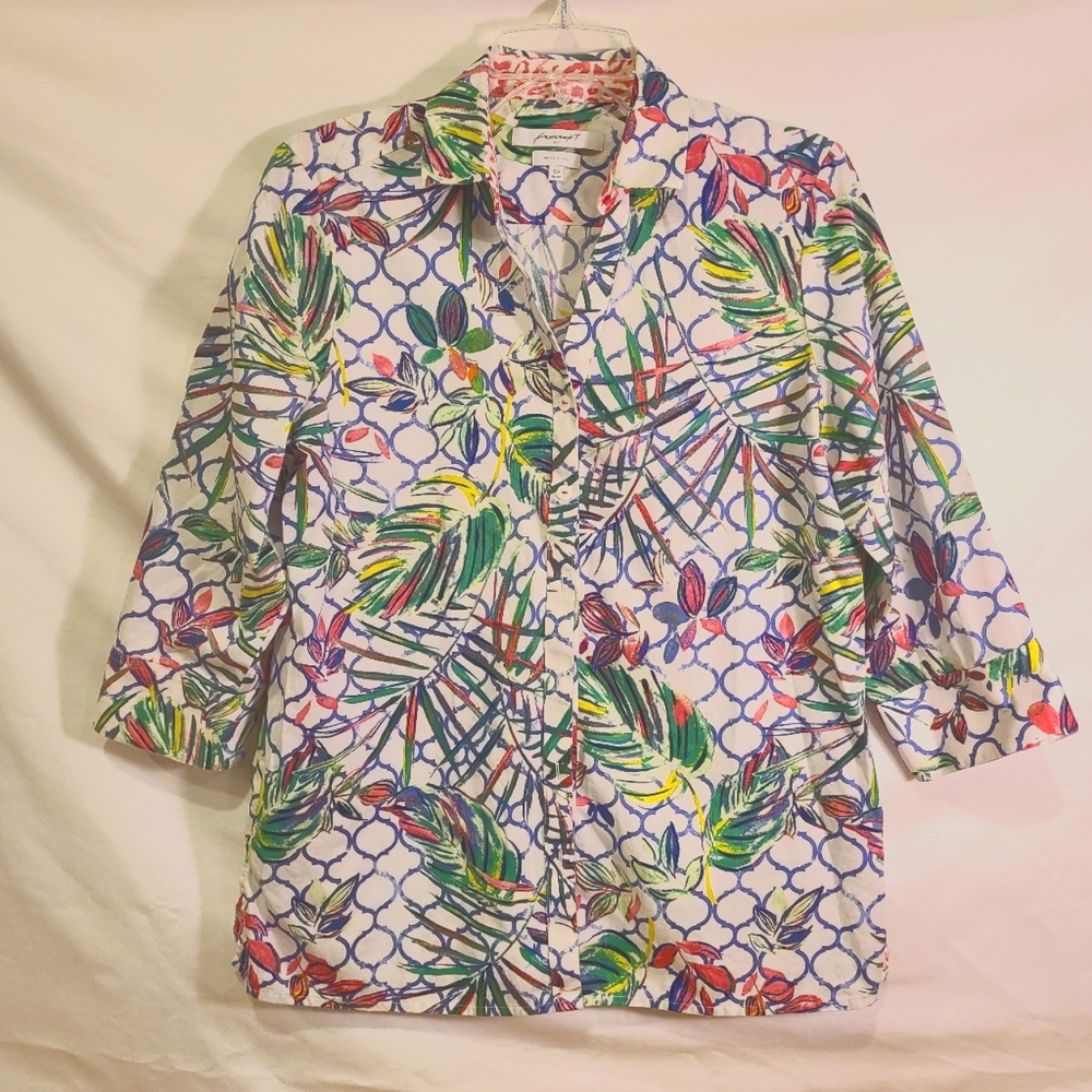 Foxcroft Tropical Floral Cotton Oxford Shirt Blouse 12P
